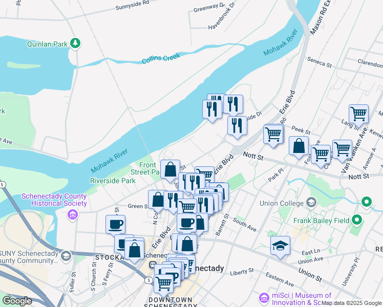 map of restaurants, bars, coffee shops, grocery stores, and more near 17 Mohawk Avenue in Schenectady