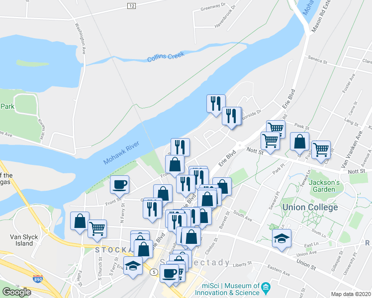 map of restaurants, bars, coffee shops, grocery stores, and more near 237 Front Street in Schenectady
