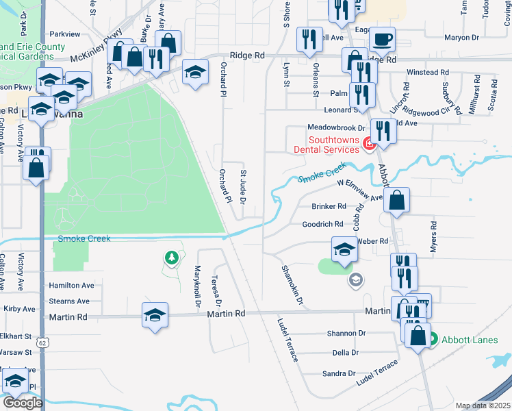 map of restaurants, bars, coffee shops, grocery stores, and more near 390 South Shore Boulevard in Buffalo