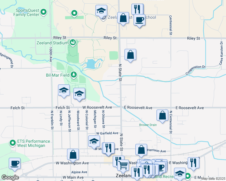 map of restaurants, bars, coffee shops, grocery stores, and more near 9646 Meadowland Court in Zeeland