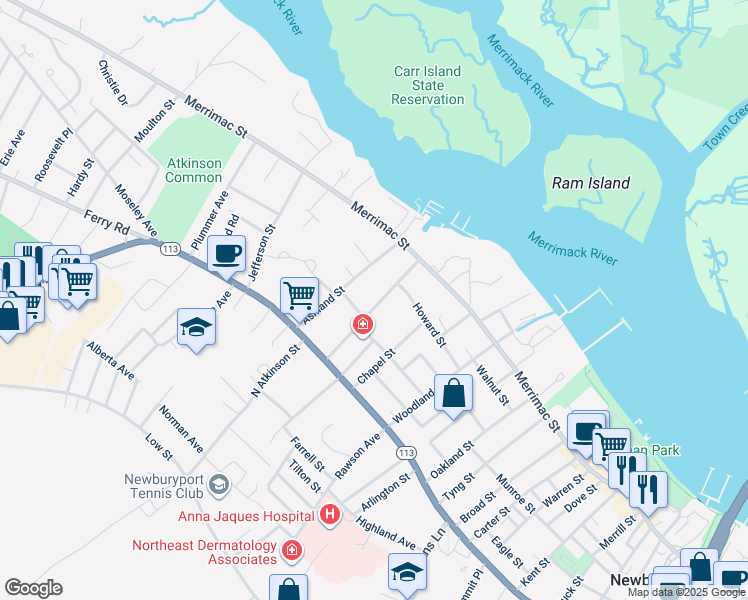 map of restaurants, bars, coffee shops, grocery stores, and more near 28 Forrester Street in Newburyport