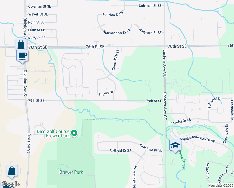 map of restaurants, bars, coffee shops, grocery stores, and more near 7869 Jonagold Drive Southeast in Grand Rapids