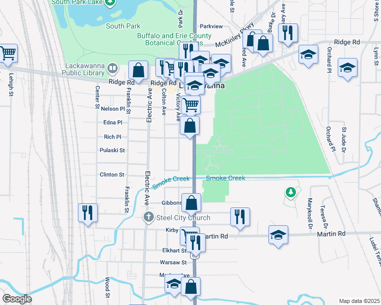 map of restaurants, bars, coffee shops, grocery stores, and more near 138 Victory Avenue in Lackawanna