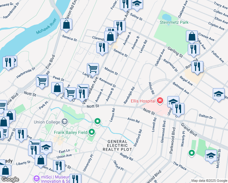 map of restaurants, bars, coffee shops, grocery stores, and more near 1637 Avenue B in Schenectady
