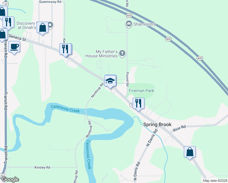 map of restaurants, bars, coffee shops, grocery stores, and more near 6165 Seneca Street in Erie County