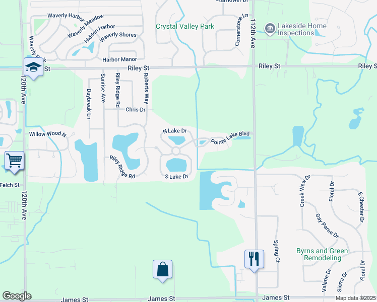 map of restaurants, bars, coffee shops, grocery stores, and more near 11400 Pointe Lake Boulevard in Holland