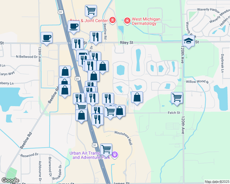 map of restaurants, bars, coffee shops, grocery stores, and more near 2901-3021 Millpond Drive in Holland