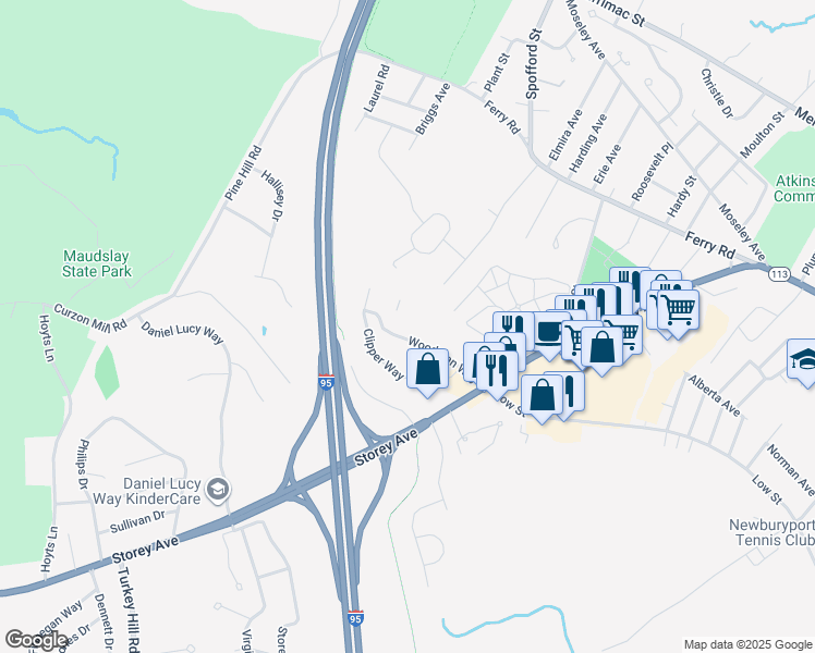 map of restaurants, bars, coffee shops, grocery stores, and more near 16 Woodman Way in Newburyport