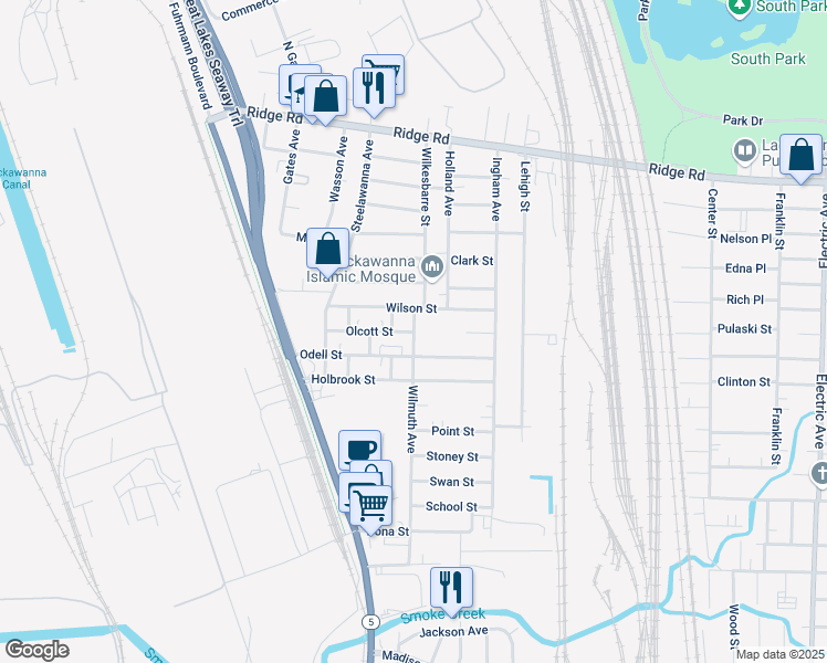 map of restaurants, bars, coffee shops, grocery stores, and more near Olcott St in Buffalo