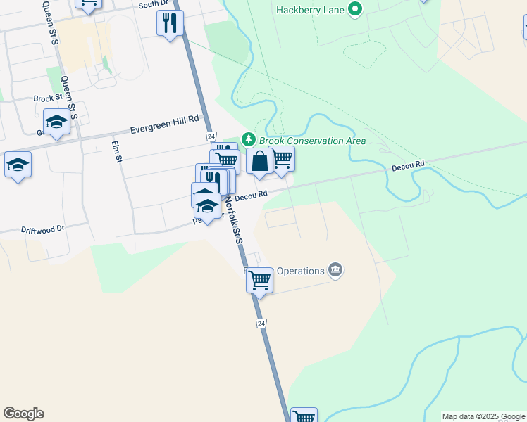 map of restaurants, bars, coffee shops, grocery stores, and more near 16 Decou Road in Simcoe