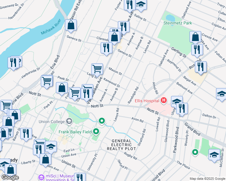 map of restaurants, bars, coffee shops, grocery stores, and more near 1637 Avenue B in Schenectady