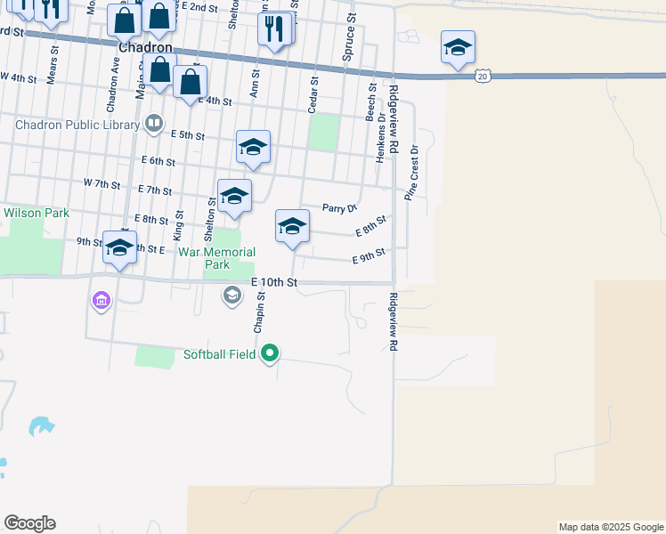 map of restaurants, bars, coffee shops, grocery stores, and more near 808 East 9th Street in Chadron