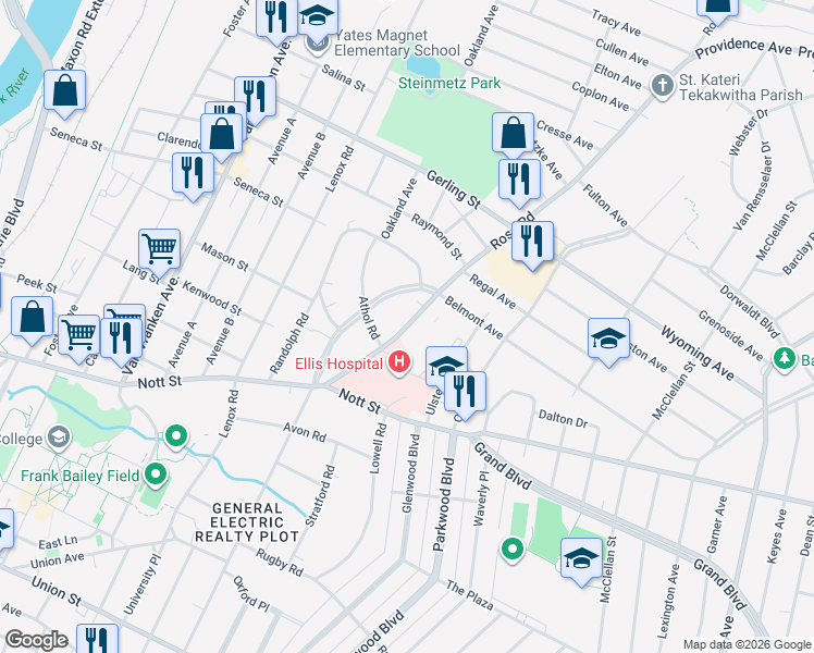 map of restaurants, bars, coffee shops, grocery stores, and more near 25 Rosa Road in Schenectady