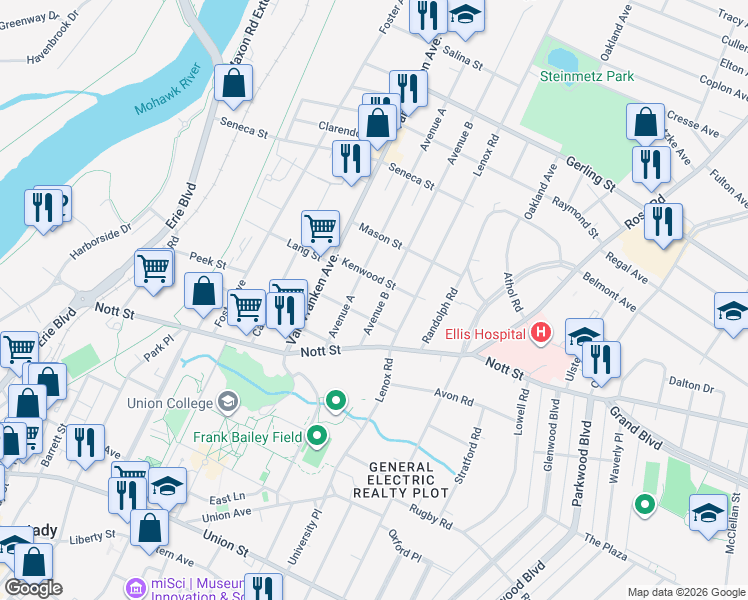 map of restaurants, bars, coffee shops, grocery stores, and more near 1637 Avenue B in Schenectady