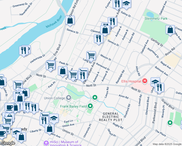 map of restaurants, bars, coffee shops, grocery stores, and more near 1589 Van Vranken Avenue in Schenectady