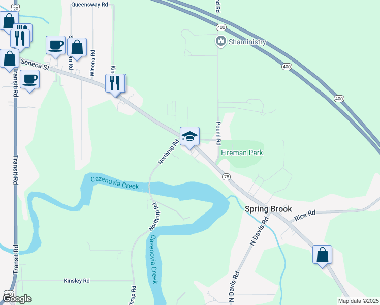 map of restaurants, bars, coffee shops, grocery stores, and more near 6140 Seneca Street in Erie County