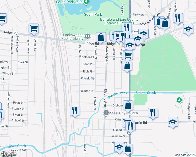 map of restaurants, bars, coffee shops, grocery stores, and more near 137 Franklin Street in Lackawanna