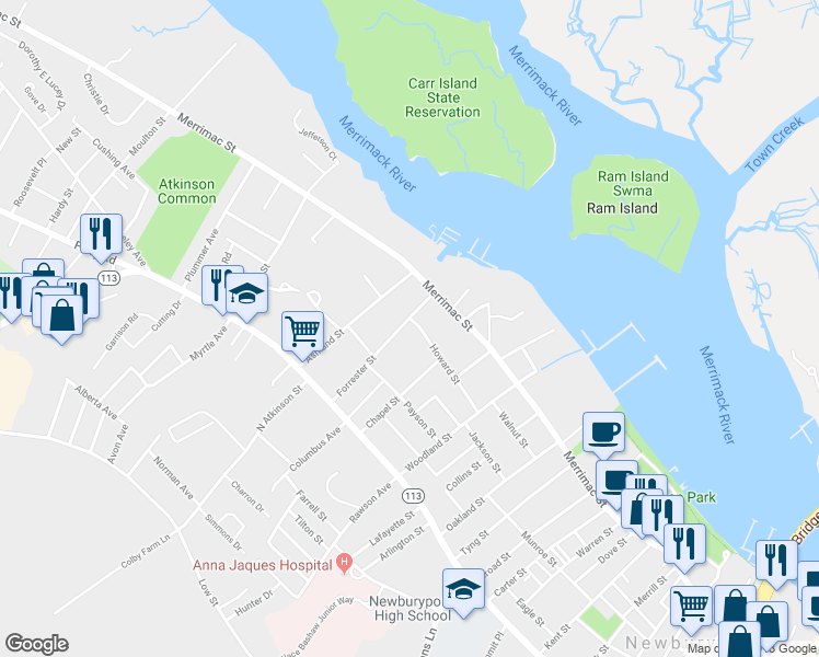 map of restaurants, bars, coffee shops, grocery stores, and more near 11 Forrester Street in Newburyport