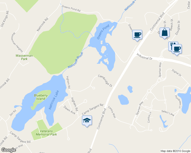 map of restaurants, bars, coffee shops, grocery stores, and more near 23 Cambridge Drive in Merrimack