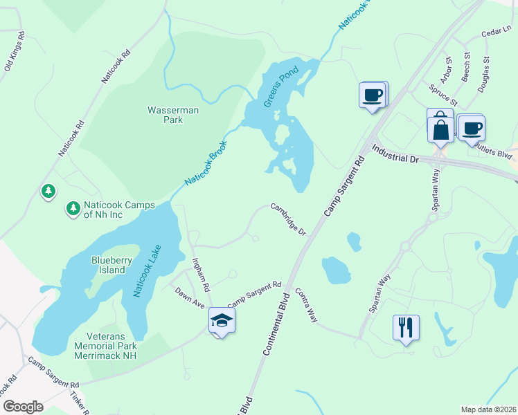 map of restaurants, bars, coffee shops, grocery stores, and more near 23 Cambridge Drive in Merrimack