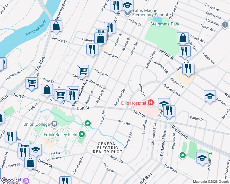 map of restaurants, bars, coffee shops, grocery stores, and more near 1655 Lenox Road in Schenectady
