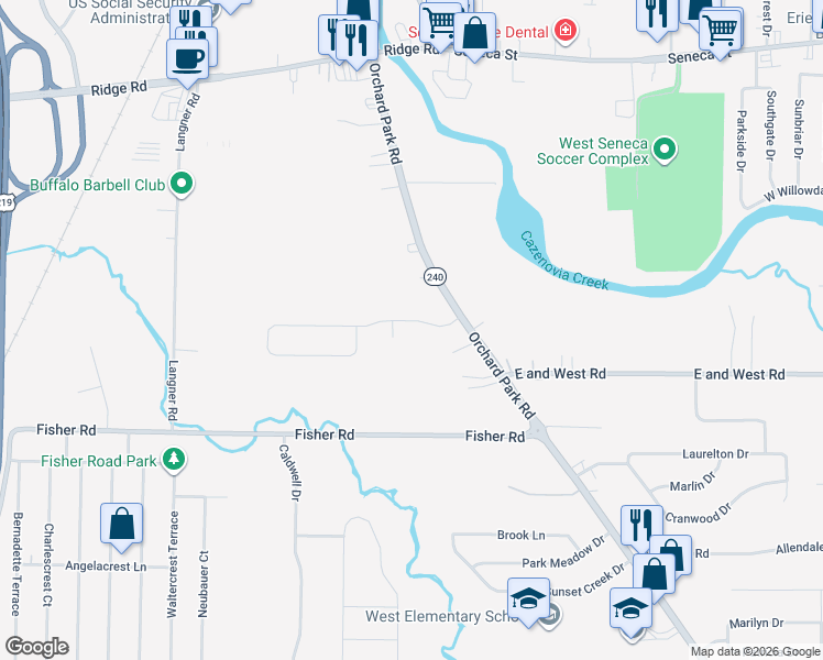 map of restaurants, bars, coffee shops, grocery stores, and more near 28 Elmsford Drive in Buffalo