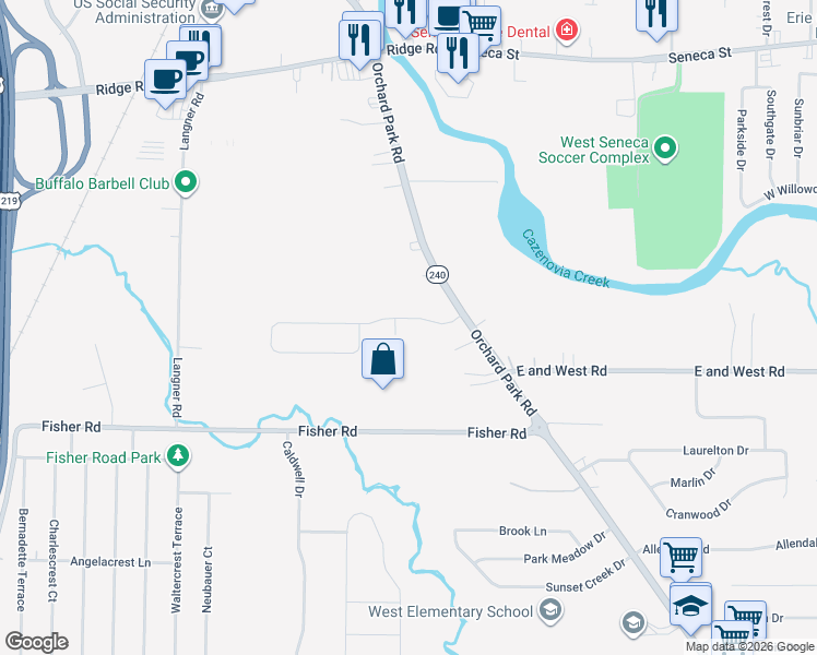 map of restaurants, bars, coffee shops, grocery stores, and more near 66 Elmsford Drive in Buffalo