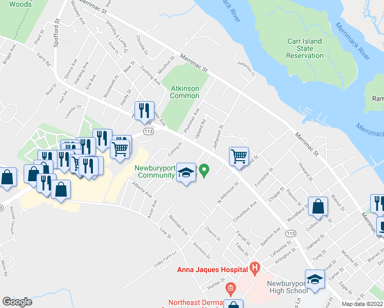map of restaurants, bars, coffee shops, grocery stores, and more near 347 High Street in Newburyport