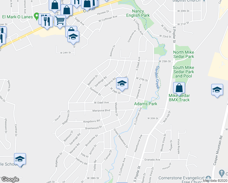 map of restaurants, bars, coffee shops, grocery stores, and more near 1798 West 29th Street in Casper