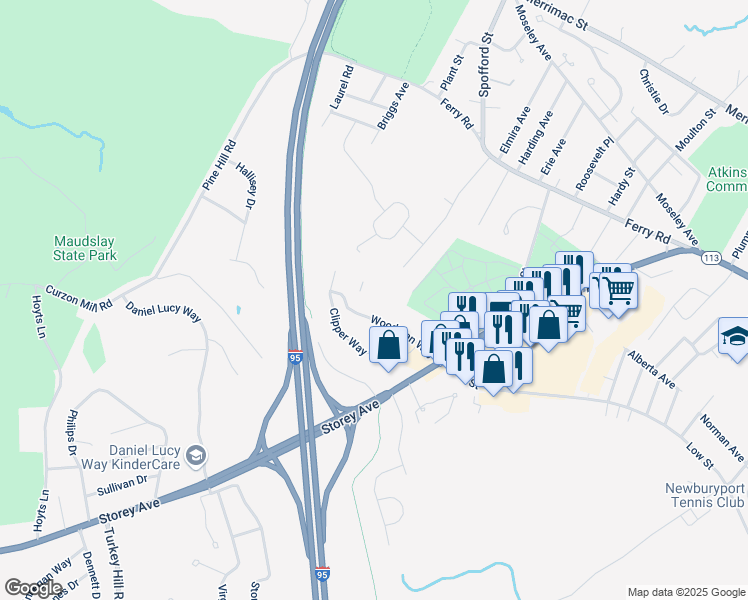 map of restaurants, bars, coffee shops, grocery stores, and more near 16 Woodman Way in Newburyport