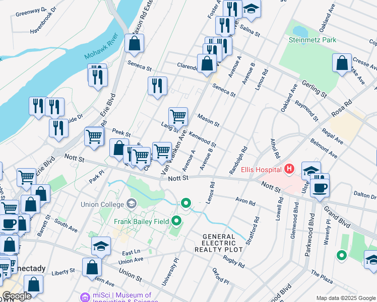 map of restaurants, bars, coffee shops, grocery stores, and more near 1613 Avenue A in Schenectady