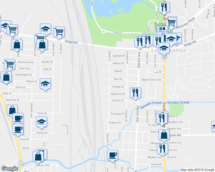 map of restaurants, bars, coffee shops, grocery stores, and more near 137 Center Street in Buffalo