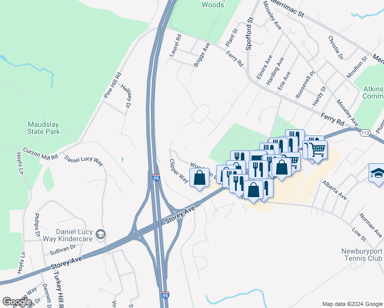 map of restaurants, bars, coffee shops, grocery stores, and more near 10 Woodman Way in Newburyport