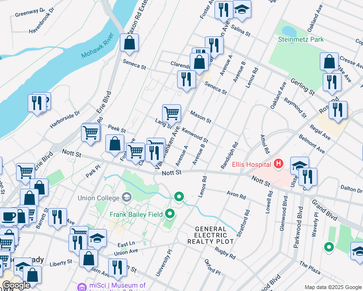map of restaurants, bars, coffee shops, grocery stores, and more near 1613 Avenue A in Schenectady