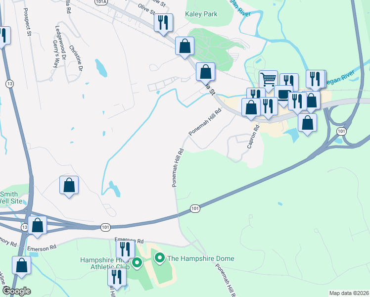 map of restaurants, bars, coffee shops, grocery stores, and more near 61 Ponemah Hill Road in Milford