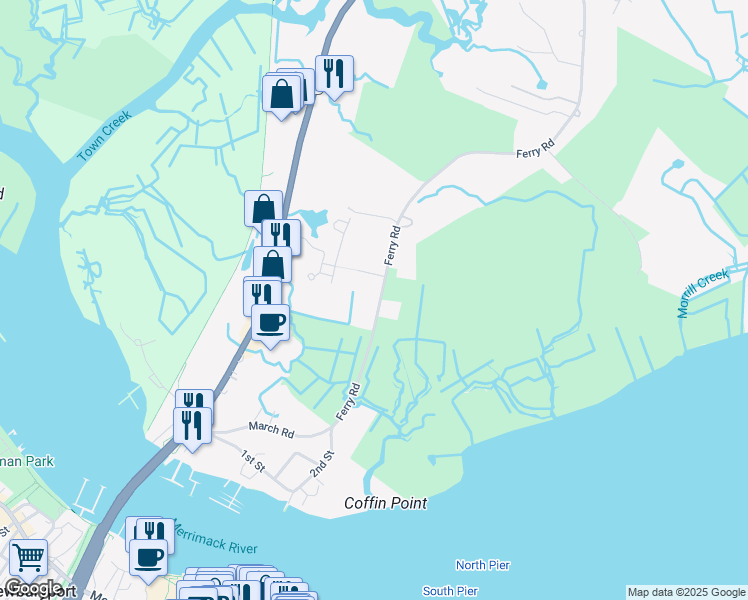map of restaurants, bars, coffee shops, grocery stores, and more near 130 Ferry Road in Salisbury