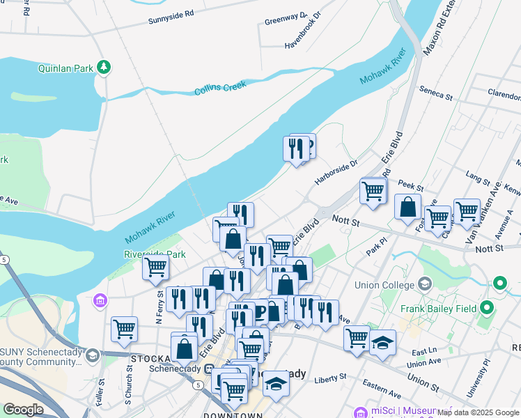 map of restaurants, bars, coffee shops, grocery stores, and more near 17 Mohawk Avenue in Schenectady