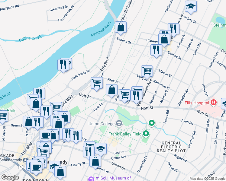 map of restaurants, bars, coffee shops, grocery stores, and more near 1533 Devine Street in Schenectady
