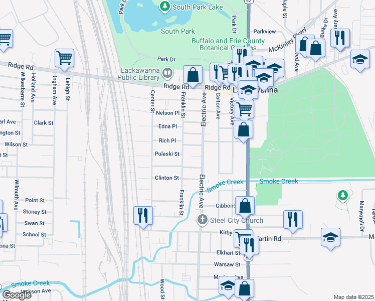 map of restaurants, bars, coffee shops, grocery stores, and more near 137 Franklin Street in Lackawanna