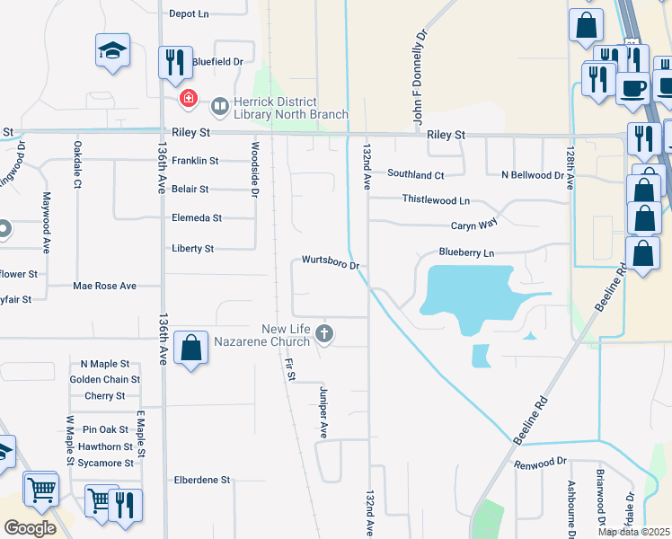 map of restaurants, bars, coffee shops, grocery stores, and more near 13239 Wurtsboro Drive in Holland