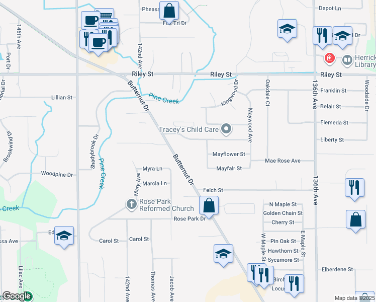 map of restaurants, bars, coffee shops, grocery stores, and more near 793 Butternut Drive in Holland