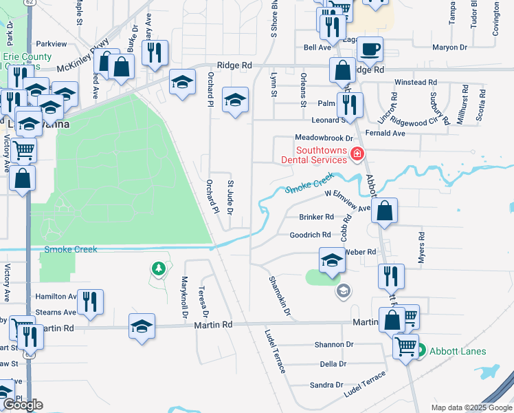 map of restaurants, bars, coffee shops, grocery stores, and more near 390 South Shore Boulevard in Buffalo