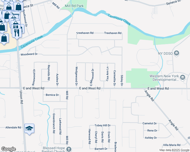 map of restaurants, bars, coffee shops, grocery stores, and more near 38 Tracy Lynn Lane in Buffalo