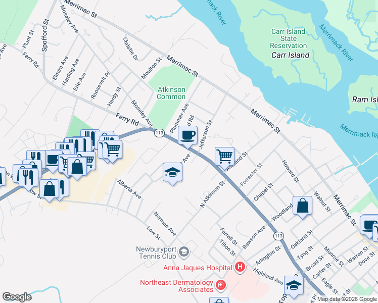 map of restaurants, bars, coffee shops, grocery stores, and more near 343 High Street in Newburyport