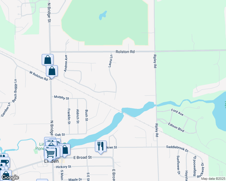 map of restaurants, bars, coffee shops, grocery stores, and more near 237 Laura Lane in Linden