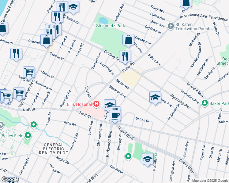 map of restaurants, bars, coffee shops, grocery stores, and more near 1280 Belmont Avenue in Schenectady