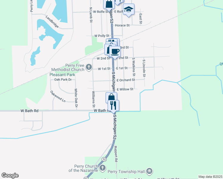 map of restaurants, bars, coffee shops, grocery stores, and more near 324 South Main Street in Perry