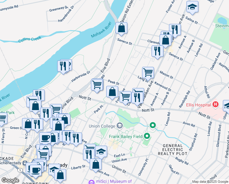 map of restaurants, bars, coffee shops, grocery stores, and more near 1533 Devine Street in Schenectady