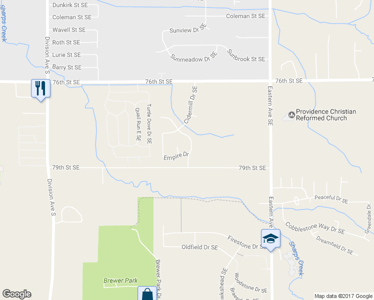 map of restaurants, bars, coffee shops, grocery stores, and more near 7869 Jonagold Drive Southeast in Grand Rapids