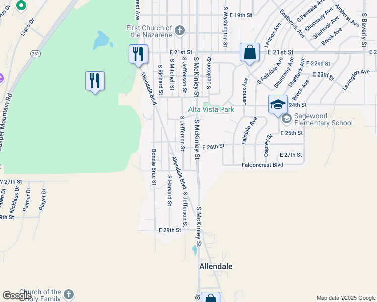 map of restaurants, bars, coffee shops, grocery stores, and more near 2610 South McKinley Street in Casper